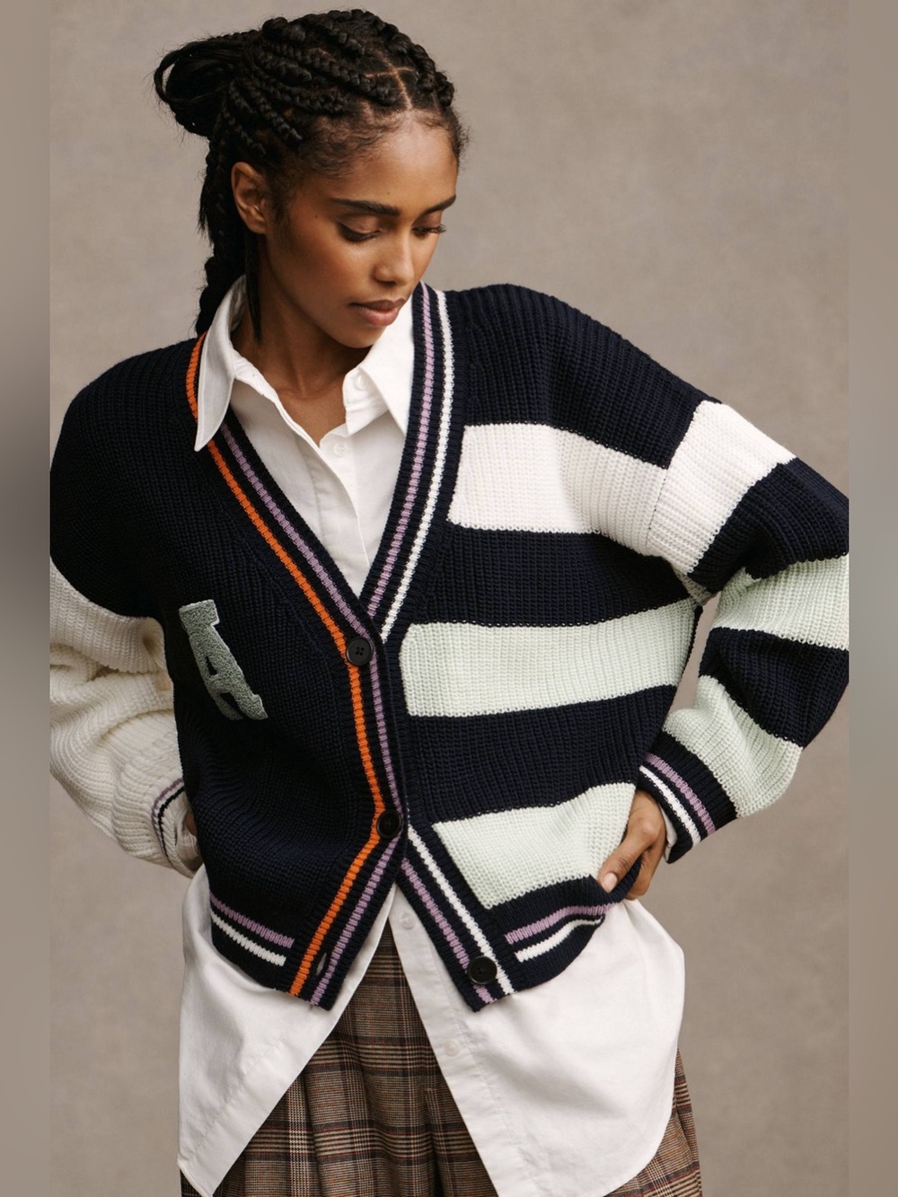Anthropologie Daily Practice Letter Sweater Cardigan Varsity Navy Blue Size XL
